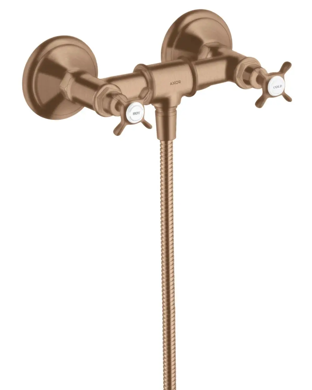 Aufputz-Brausearmatur mit zwei Kreuzgriffen in Brushed Red Gold von AXOR. Die Armatur ist mit einem flexiblen Schlauch ausgestattet.